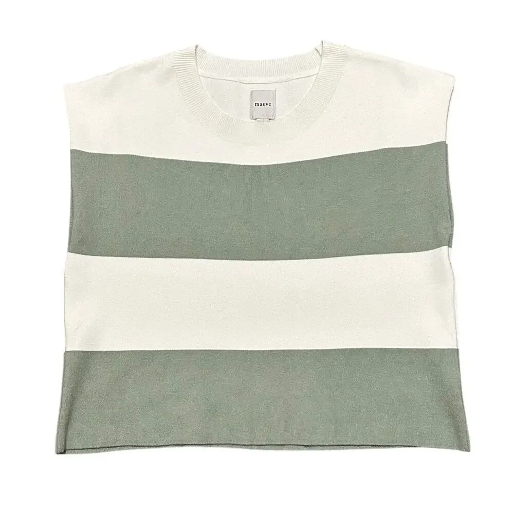 Maeve Anthropologie Sweater Vest Women's Size Med Green Ivory Striped Knit Top - Picture 2 of 9